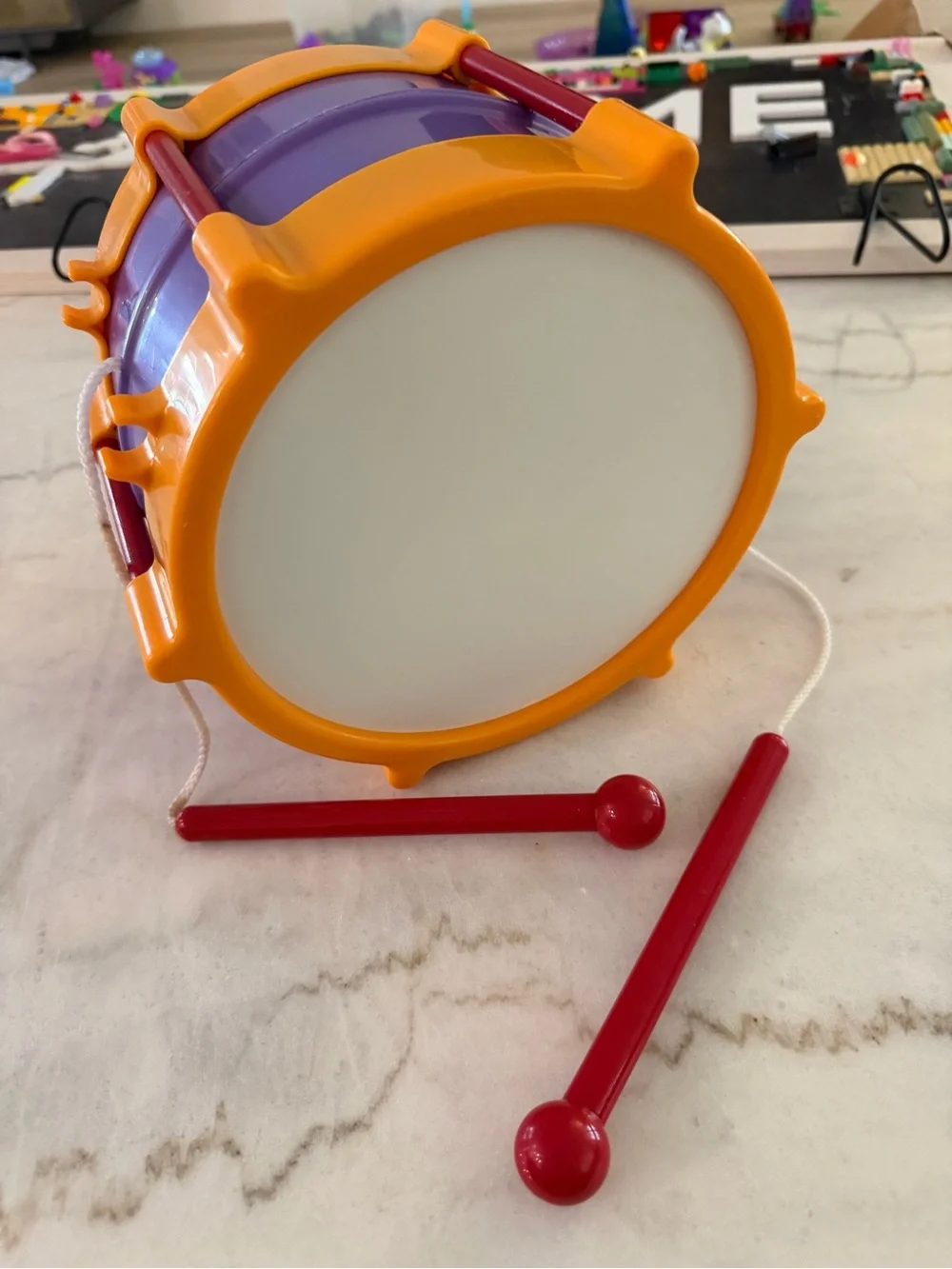 Little Tikes TOY DRUM with Drumsticks attached Red Blue Yellow Plastic Vintage